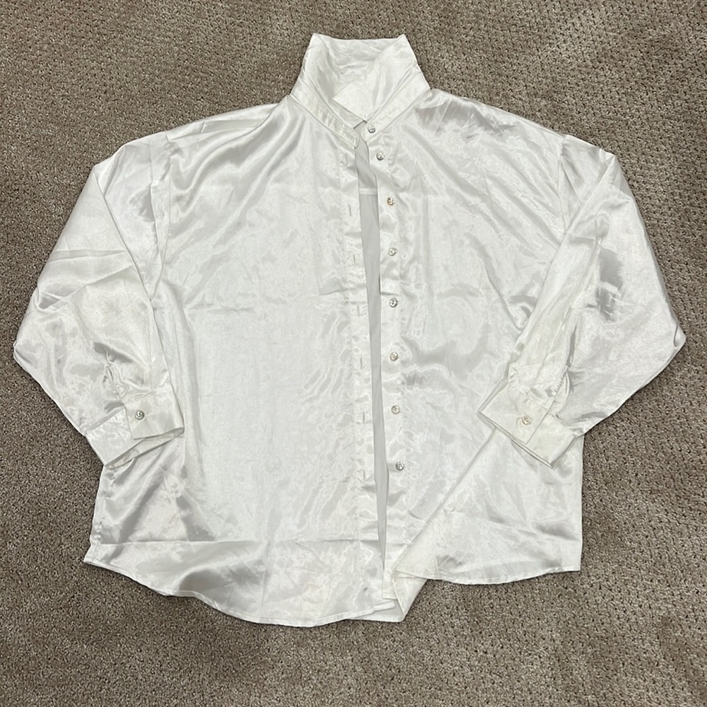 Vintage Satin White Button Up With Abalone Shells… - image 1